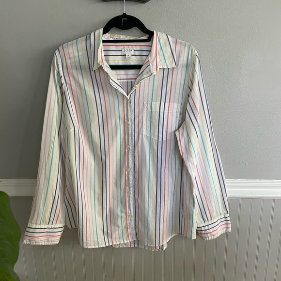 J.Crew Factory Women's Long Sleeve Oversized Rainbow Stripe Button Down Top - Picture 2 of 11